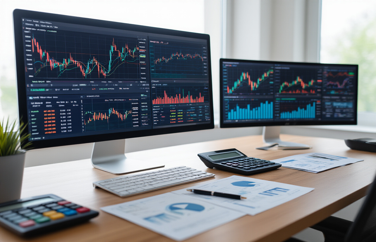 Create a realistic image of a modern financial workspace showing multiple computer monitors displaying colorful ETF performance charts, graphs with upward trending lines, and portfolio dashboards, with a sleek desk setup featuring a laptop, calculator, and financial documents spread out, professional office environment with natural lighting from a window, clean and organized atmosphere suggesting successful investment management, Absolutely NO text should be in the scene.