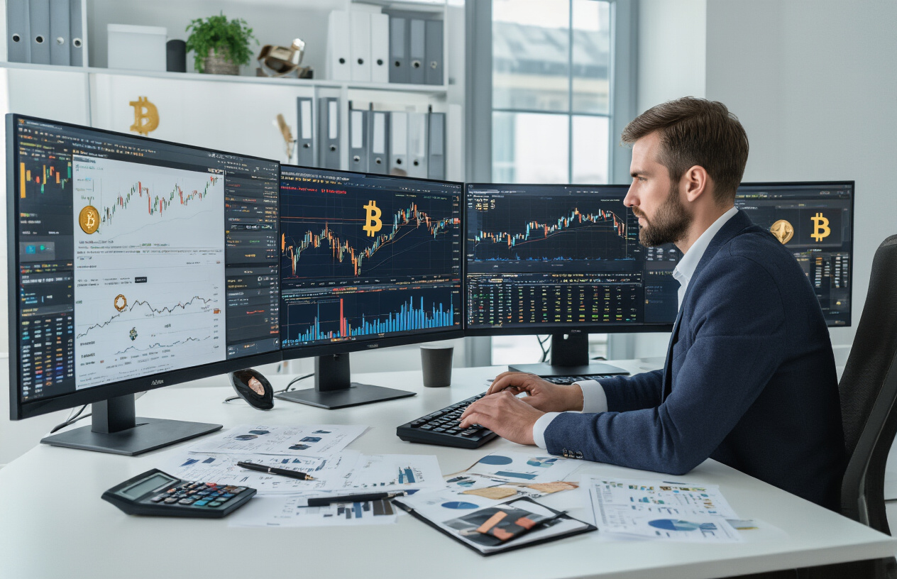 Create a realistic image of a modern office desk with multiple computer monitors displaying cryptocurrency trading charts, bitcoin and ethereum symbols, digital wallet interfaces, and market analysis graphs, with a professional white male investor in his 30s sitting at the desk analyzing the screens, surrounded by financial documents and a calculator, in a well-lit contemporary office environment with a clean minimalist background, conveying focus and strategic decision-making, absolutely NO text should be in the scene.