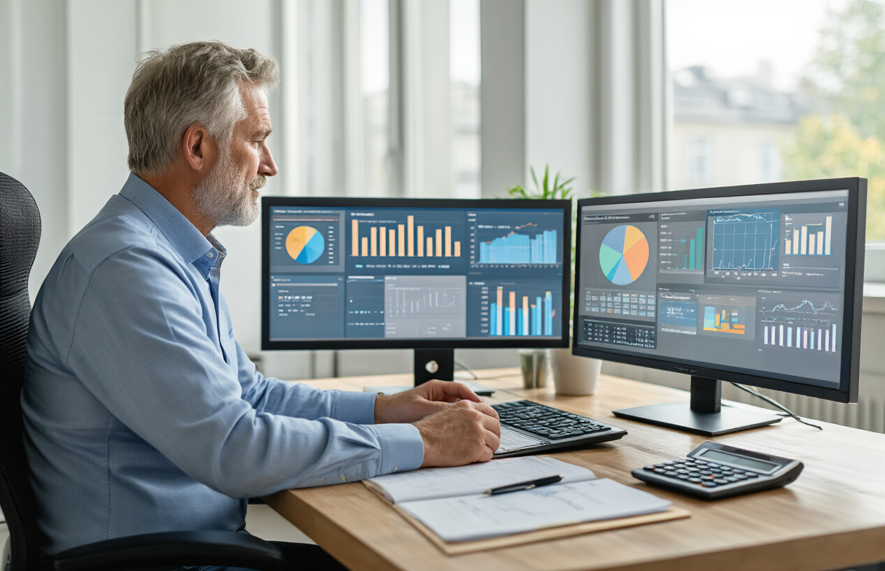 Create a realistic image of a middle-aged white male financial advisor sitting at a modern office desk with multiple computer monitors displaying retirement planning charts, graphs, and portfolio allocation pie charts, with a calculator, notebook, and pen on the desk, surrounded by a clean professional office environment with natural lighting from large windows, conveying a focused and strategic planning atmosphere, absolutely NO text should be in the scene.