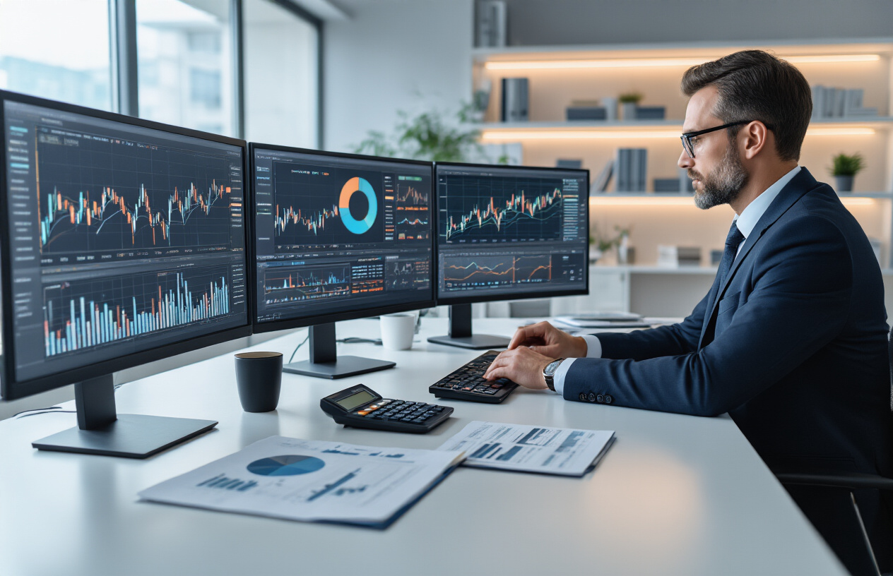 Create a realistic image of a sophisticated investment workspace showing multiple computer monitors displaying advanced financial charts, portfolio allocation pie charts, and stock market data visualizations, with a professional white male financial advisor in a suit analyzing complex investment strategies, surrounded by modern office environment with sleek desk, financial documents, calculator, and subtle lighting that emphasizes the high-tech analytical atmosphere, absolutely NO text should be in the scene.