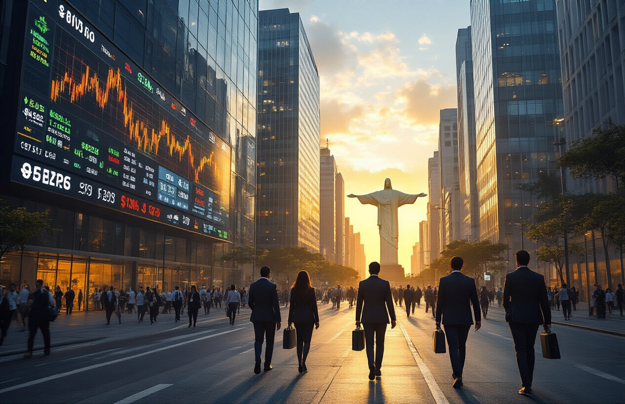 Create a realistic image of a modern Brazilian financial district with towering glass office buildings displaying digital screens showing stock market charts, cryptocurrency symbols, and forex exchange rates, featuring a diverse group of Brazilian professionals including white and black males and females in business attire walking along a busy street, with the iconic Christ the Redeemer statue visible in the background, warm golden hour lighting casting long shadows, bustling atmosphere with people carrying briefcases and looking at mobile devices, absolutely NO text should be in the scene.
