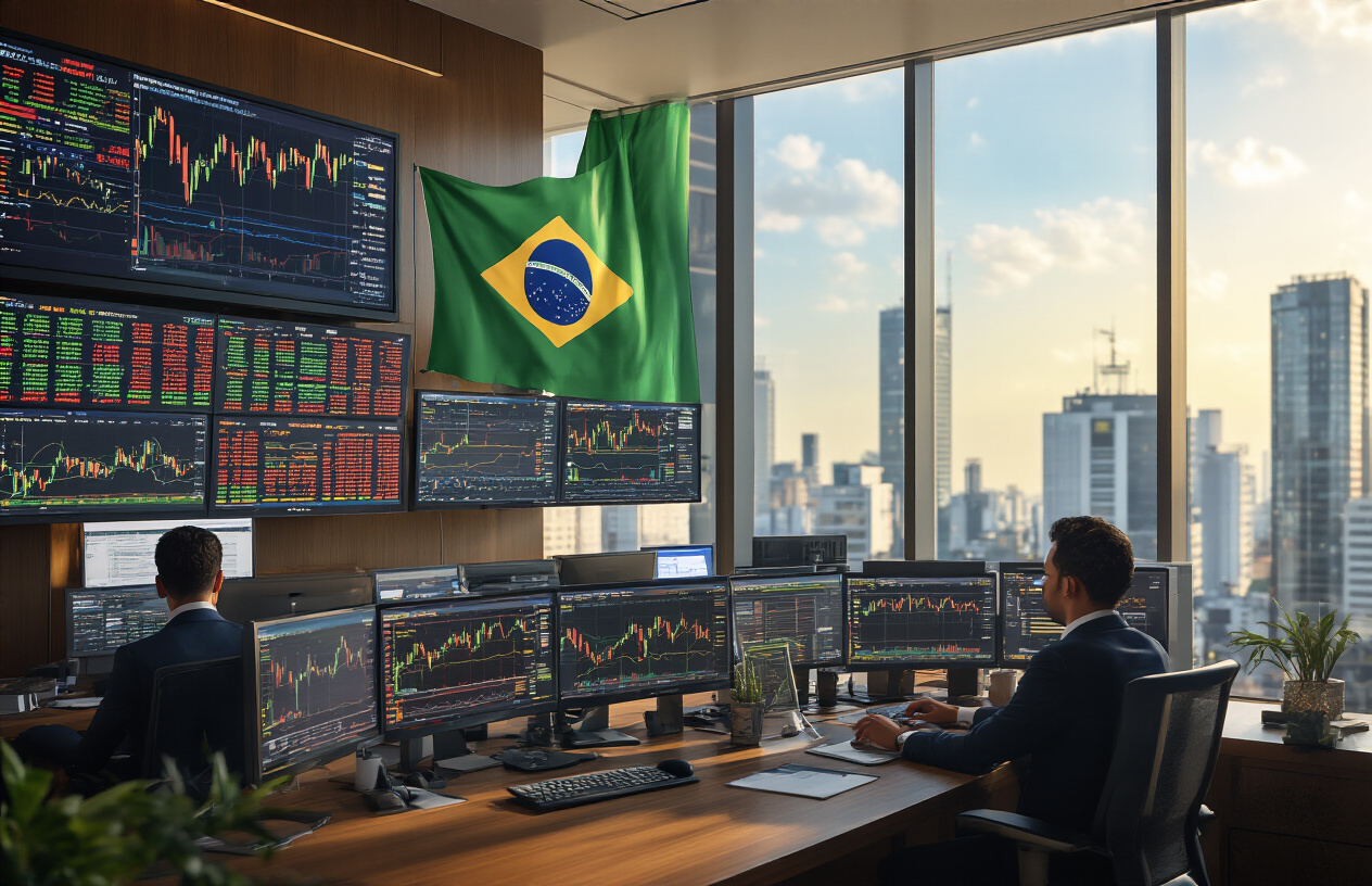 Create a realistic image of a modern Brazilian trading floor or financial office with multiple computer monitors displaying colorful stock market charts, graphs, and financial data, featuring a diverse group of Brazilian professionals including white and black males and females in business attire analyzing investment opportunities, with the Brazilian flag subtly visible in the background, warm natural lighting streaming through large windows overlooking São Paulo's financial district skyline, conveying a professional and dynamic investment atmosphere, absolutely NO text should be in the scene.