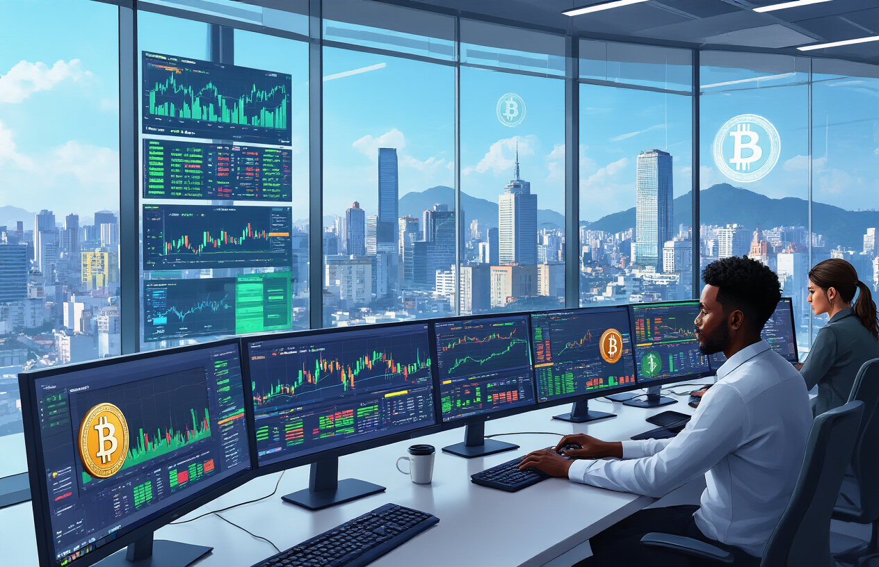 Create a realistic image of a modern Brazilian trading office with multiple computer monitors displaying colorful cryptocurrency charts and digital asset trading interfaces, featuring a diverse group of Brazilian traders including a black male and white female analyst focused on their screens, with Bitcoin and Ethereum logos visible on monitors, sleek glass windows showing São Paulo cityscape in the background, professional lighting with a dynamic blue and green glow from the trading screens, absolutely NO text should be in the scene.
