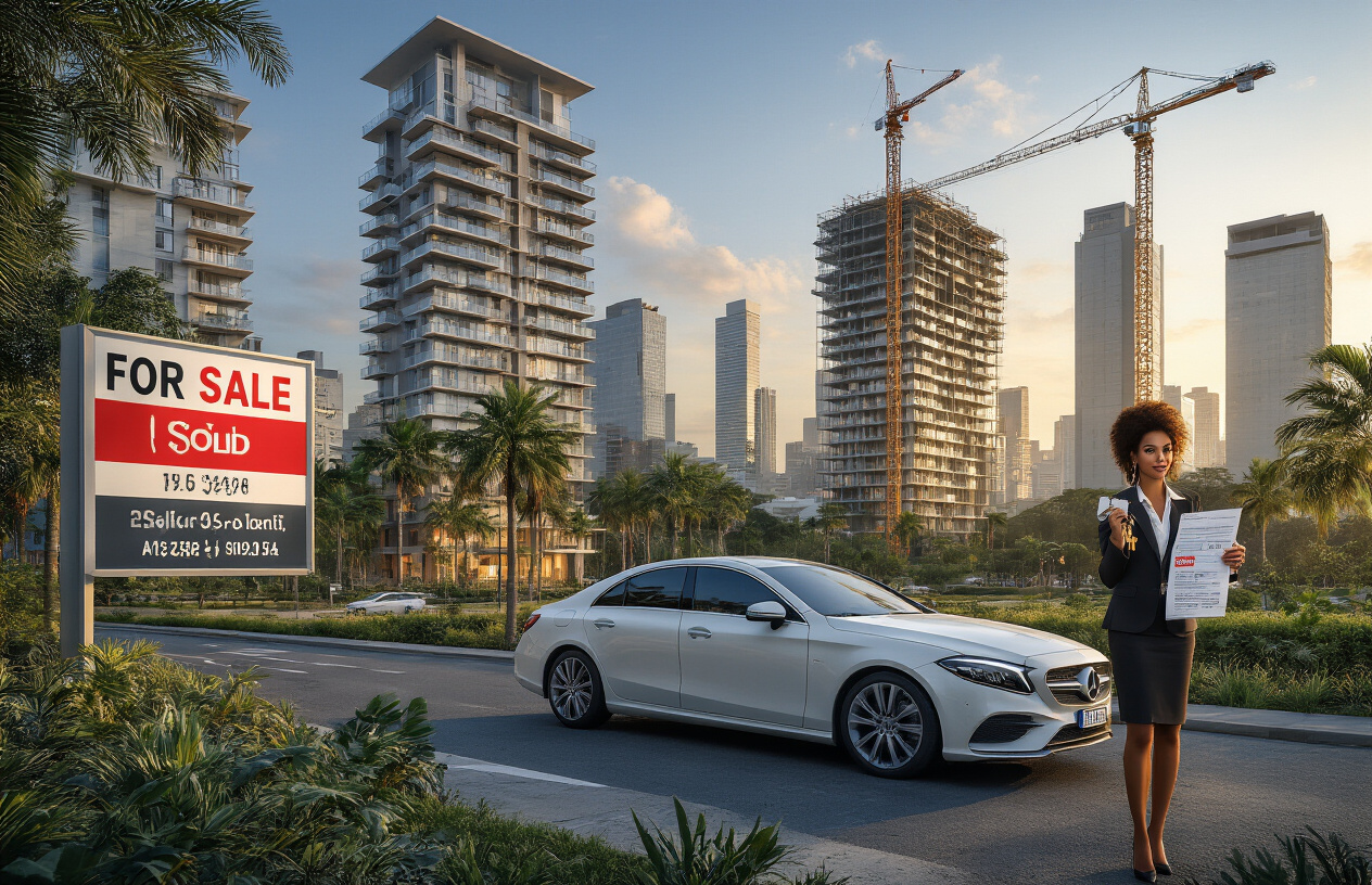 Create a realistic image of modern Brazilian residential and commercial buildings with "For Sale" and "Sold" signs in Portuguese, featuring a diverse mix of high-rise condominiums, luxury houses, and office buildings under construction with cranes in the background, set against São Paulo's urban skyline during golden hour lighting, with a Brazilian real estate agent (mixed-race female) in professional attire holding property documents and keys while standing next to a sleek car, surrounded by lush tropical landscaping and palm trees, conveying growth and investment opportunity in Brazil's property market. Absolutely NO text should be in the scene.