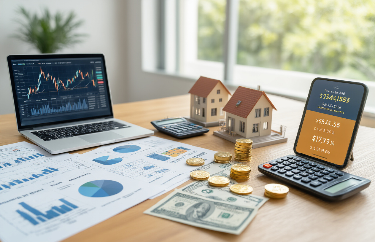 Create a realistic image of a modern workspace showing diverse investment portfolio elements including a laptop displaying financial charts and graphs, scattered documents with pie charts and investment data, a calculator, Brazilian real banknotes, gold coins, a small model house representing real estate, and a smartphone showing cryptocurrency prices, all arranged on a clean wooden desk with soft natural lighting from a window, professional atmosphere with a blurred office background, absolutely NO text should be in the scene.