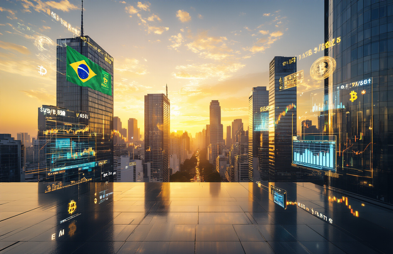 Create a realistic image of a modern Brazilian financial district skyline at golden hour with sleek glass buildings and skyscrapers, featuring floating holographic displays showing upward trending stock charts, cryptocurrency symbols (Bitcoin, Ethereum), forex currency pairs (USD/BRL), and luxury real estate properties, with the Brazilian flag subtly integrated into the scene, warm golden lighting creating an optimistic and prosperous atmosphere, digital trading interfaces and investment icons seamlessly blended into the urban landscape, absolutely NO text should be in the scene.