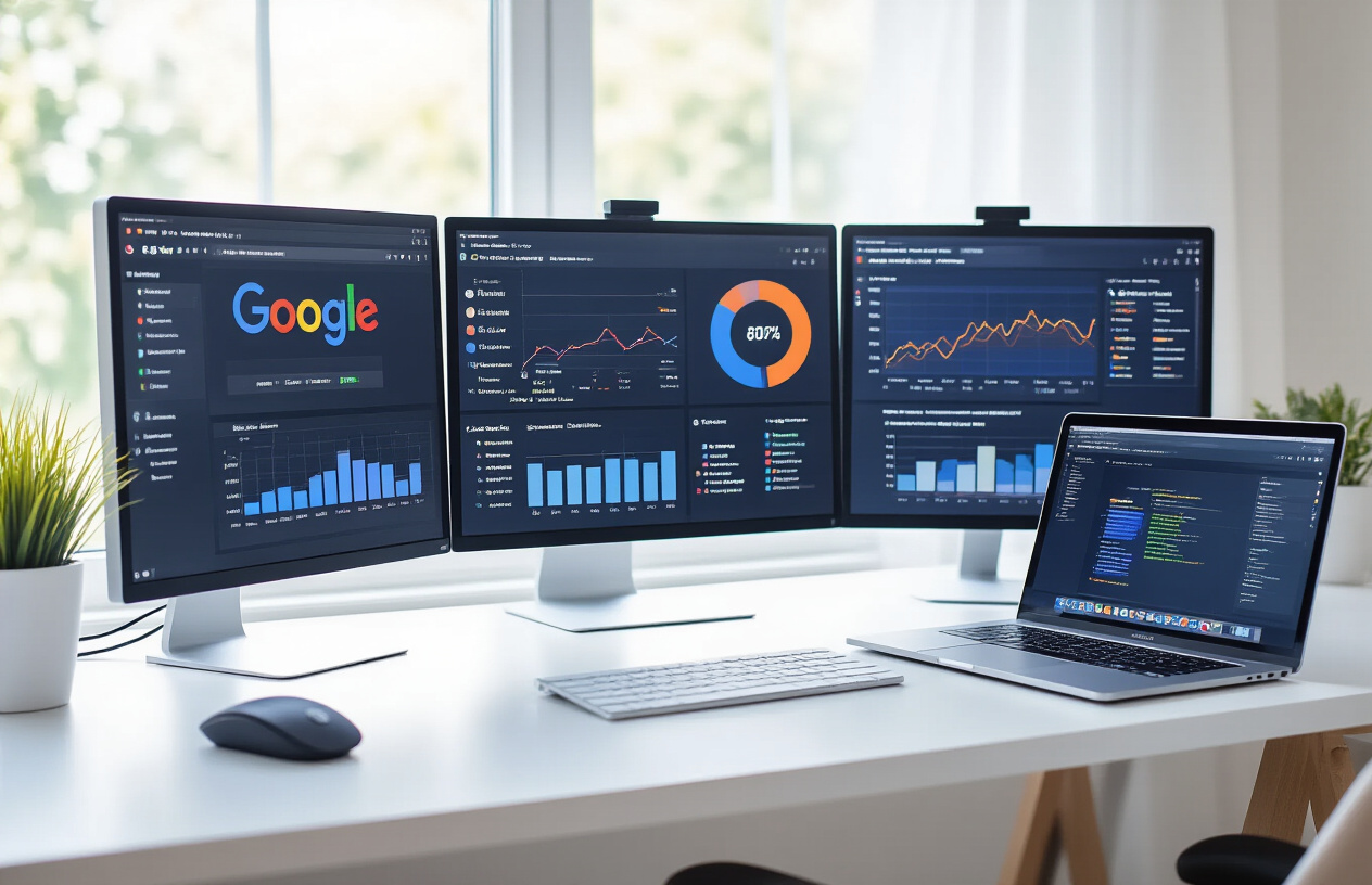 Create a realistic image of a modern digital marketing workspace showing multiple computer monitors displaying search engine interfaces like Google Ads and Bing Ads dashboards with colorful analytics charts and campaign metrics, a clean white desk with a wireless mouse and keyboard, soft natural lighting from a window, professional office environment with subtle blue and orange accent colors representing digital marketing themes, and a sleek laptop showing search result pages, Absolutely NO text should be in the scene.