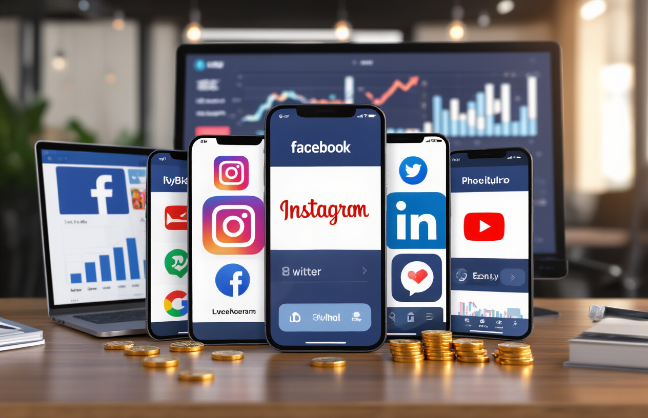 Create a realistic image of multiple smartphone screens displaying popular social media platform logos and interfaces including Facebook, Instagram, Twitter, LinkedIn, and YouTube, arranged on a modern desk with a digital marketing dashboard visible on a laptop screen in the background, warm office lighting with a professional business atmosphere, Indian rupee symbols and upward trending graphs subtly integrated into the scene, absolutely NO text should be in the scene.
