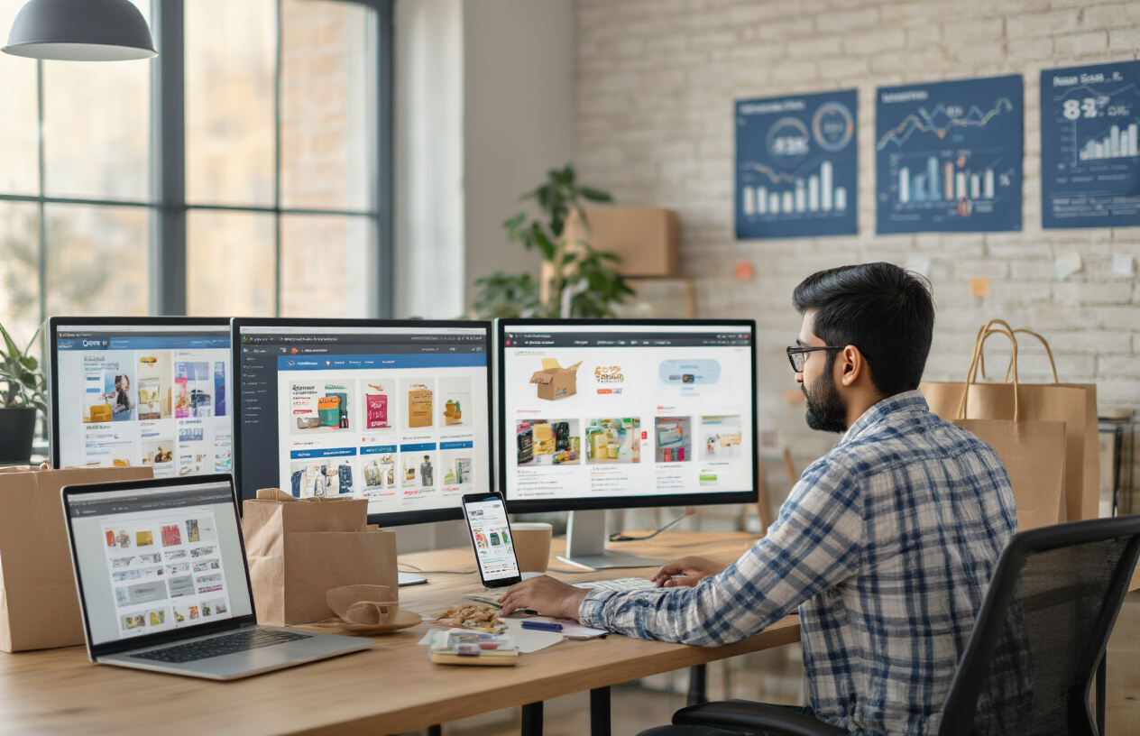 Create a realistic image of an Indian e-commerce workspace showing multiple shopping platforms on computer screens with product listings, shopping carts, and payment gateways visible, featuring an Indian male marketing professional analyzing campaign data on his laptop, surrounded by packages, shopping bags, and mobile devices displaying various online shopping apps, set in a modern office environment with warm lighting and digital marketing charts on the wall, absolutely NO text should be in the scene.