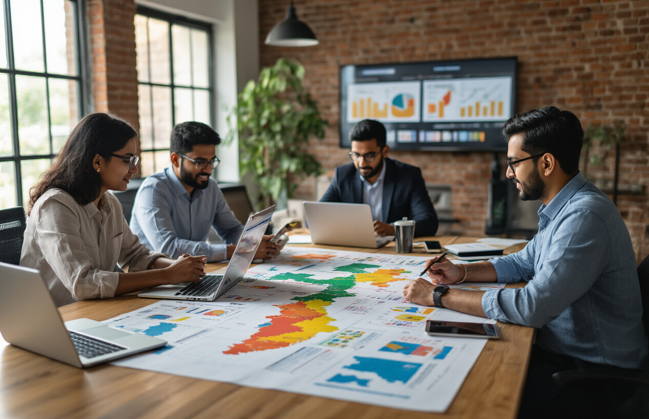 Create a realistic image of a diverse group of Indian business professionals gathered around a conference table with laptops and tablets, examining colorful regional maps of India spread across the table, with digital marketing charts and local demographic data visible on screens, set in a modern office environment with warm natural lighting from large windows, showing collaboration on location-based marketing strategies, absolutely NO text should be in the scene.