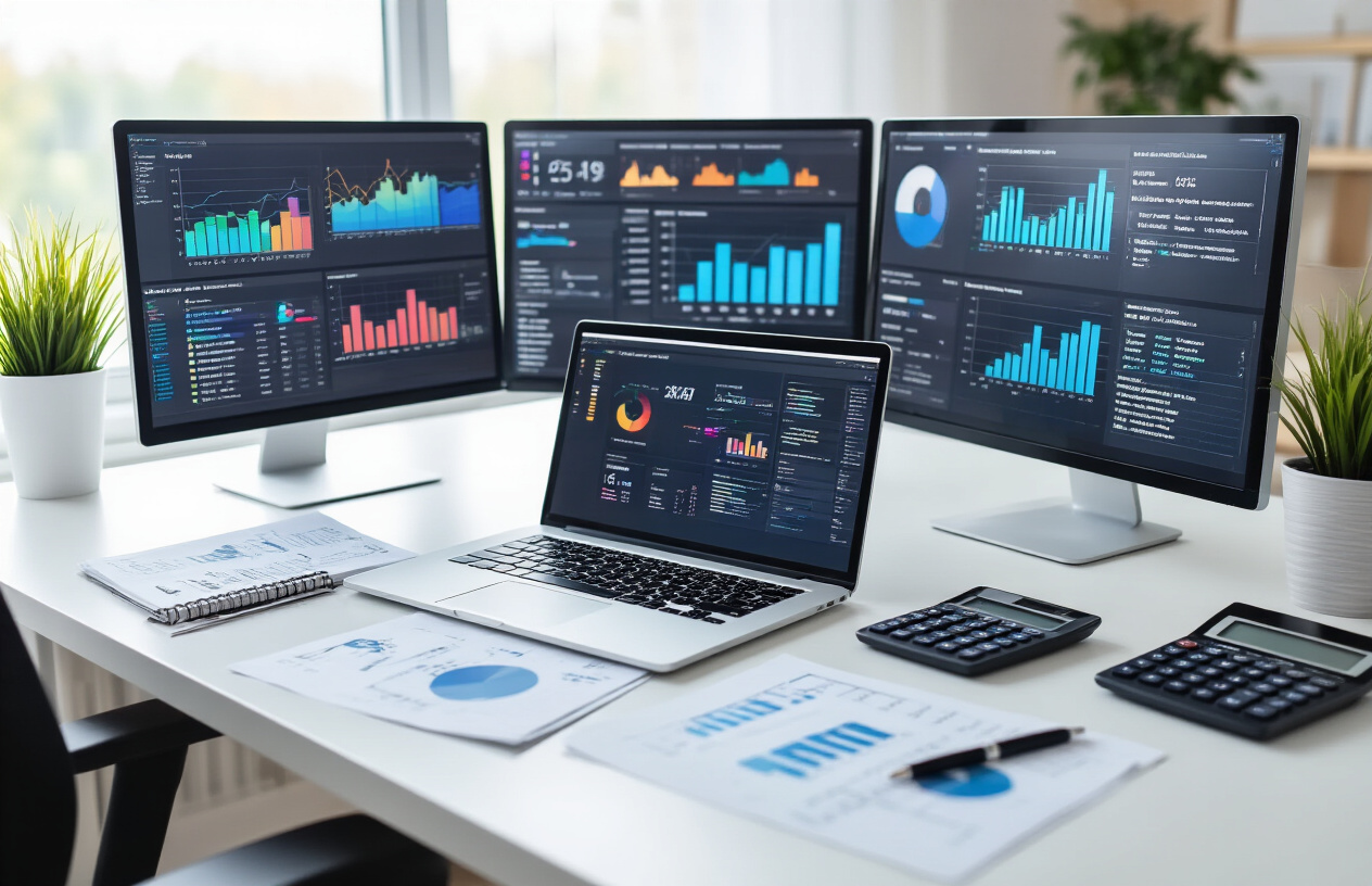 Create a realistic image of a modern office workspace showing multiple computer monitors displaying colorful analytics dashboards with graphs, charts, and performance metrics, a sleek laptop open with data visualization on screen, a smartphone showing mobile analytics, scattered business documents with printed charts, a calculator, and a notebook with handwritten notes, all arranged on a clean white desk, with soft natural lighting from a window, professional atmosphere, and absolutely NO text should be in the scene.