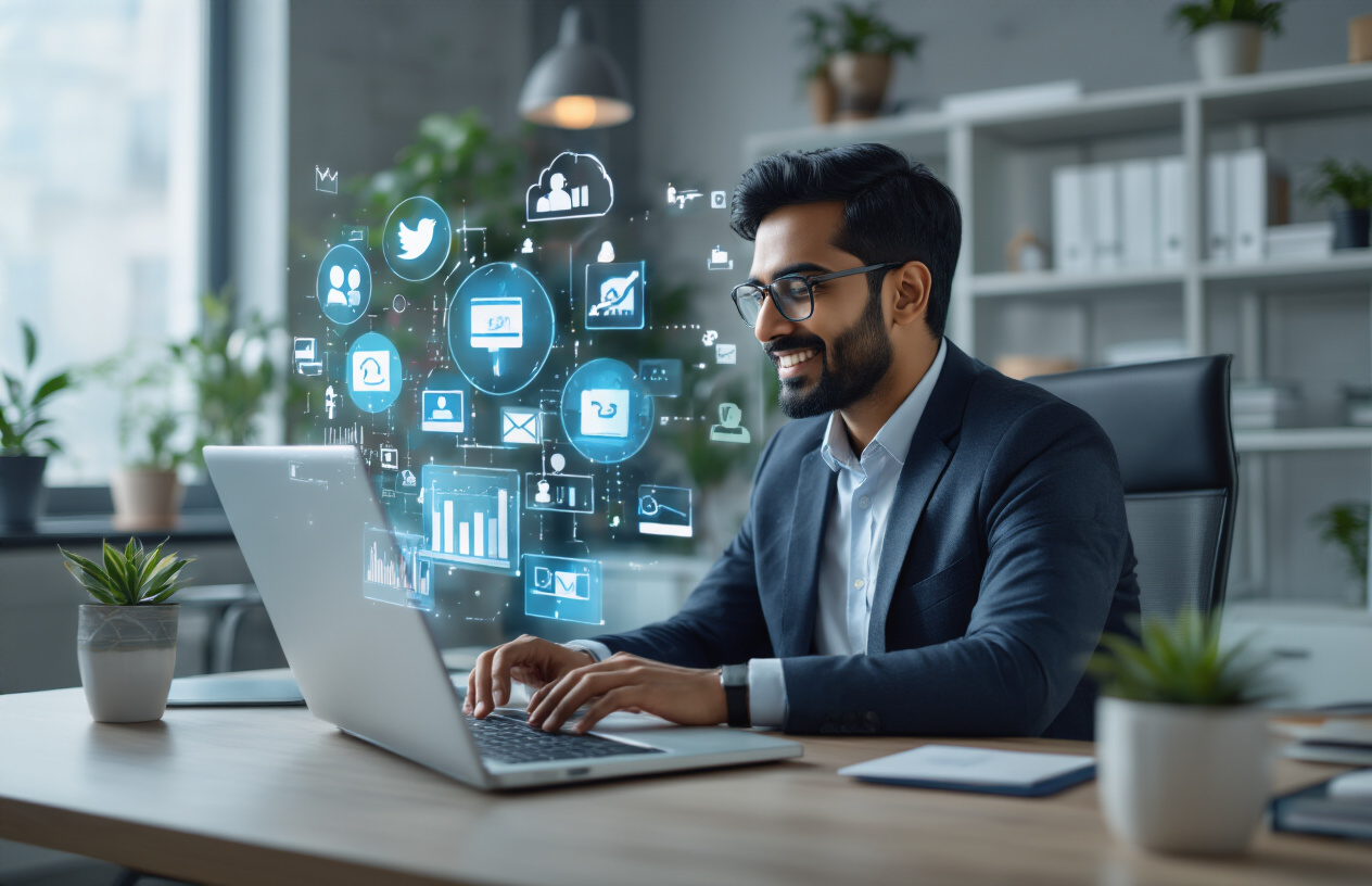 Create a realistic image of an Indian business professional, male, sitting at a modern office desk with a laptop open, looking satisfied while reviewing digital marketing analytics on the screen, with floating holographic icons representing different digital platforms (social media symbols, advertising icons, mobile devices) around him, bright professional office lighting, clean contemporary workspace with plants and books in the background, conveying success and completion of a digital marketing strategy, absolutely NO text should be in the scene.