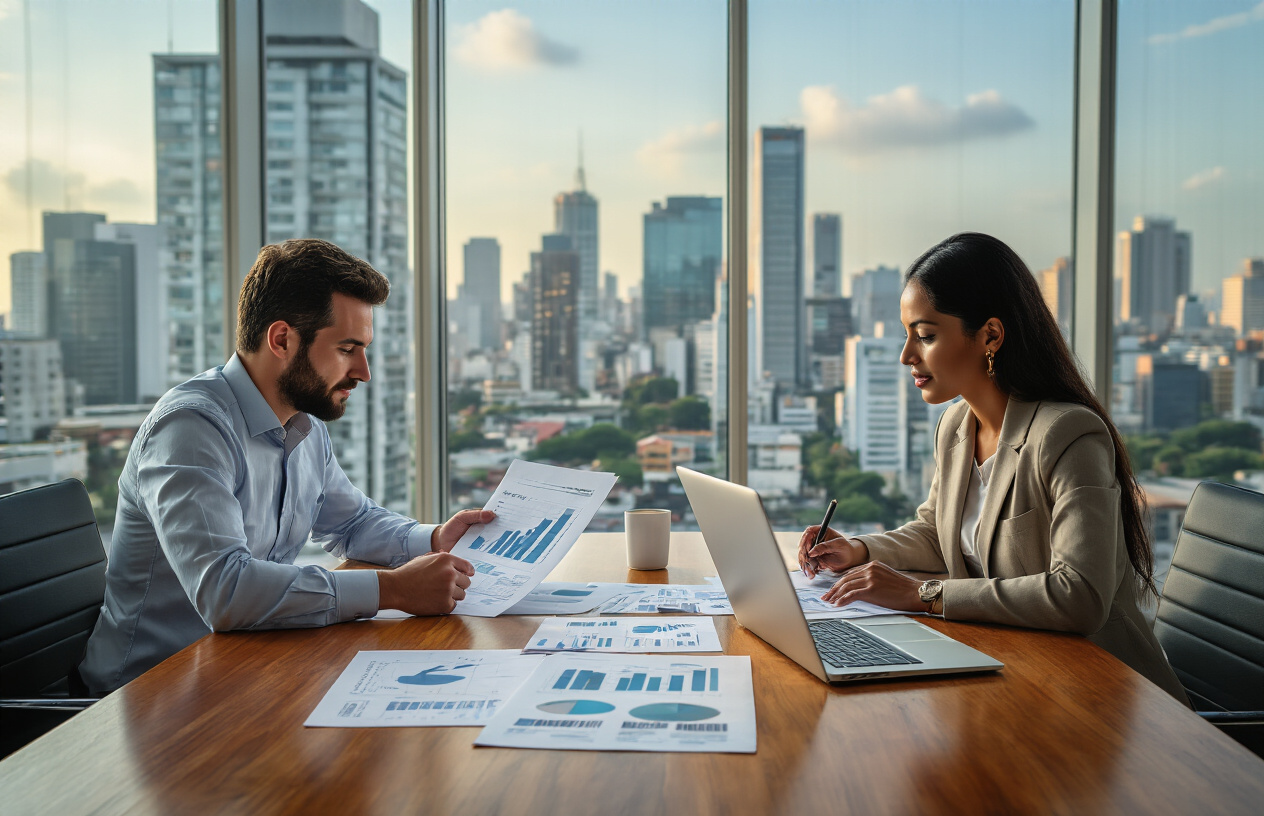 Create a realistic image of a modern Brazilian office conference room with a polished wooden table displaying various funding documents, charts showing investment options, and a laptop computer, with diverse Brazilian business professionals including a white male and black female entrepreneur reviewing financial papers, set against floor-to-ceiling windows showing São Paulo's skyline, featuring warm natural lighting and a professional atmosphere conveying business growth and financial planning, absolutely NO text should be in the scene.