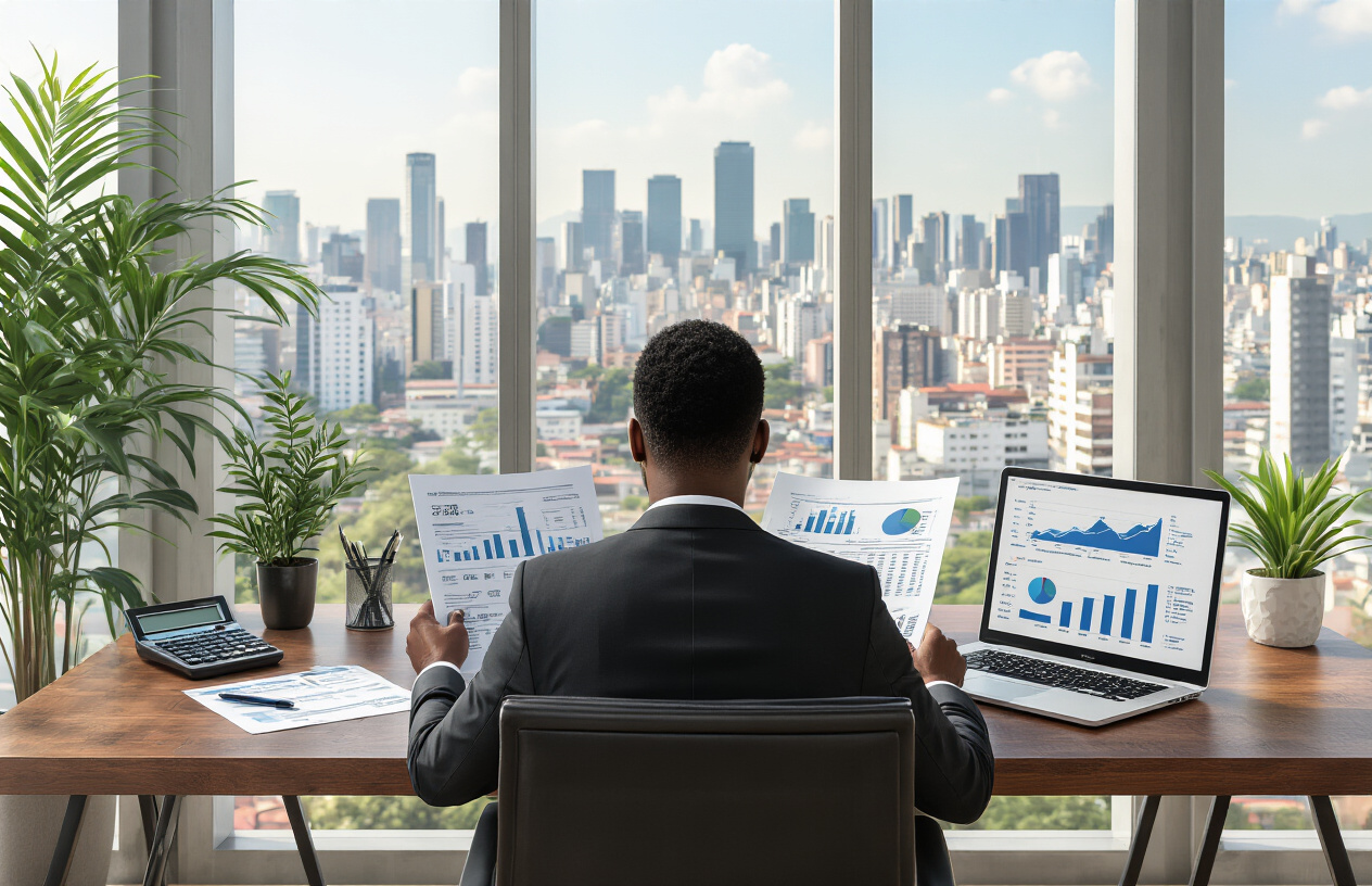 Create a realistic image of a modern Brazilian business office with a professional black male executive sitting at a sleek wooden desk reviewing financial documents and loan papers, with a laptop displaying growth charts and graphs, calculator and pen nearby, large windows showing São Paulo cityscape in the background, natural daylight streaming in creating a productive atmosphere, potted plants adding warmth to the contemporary office space, absolutely NO text should be in the scene.