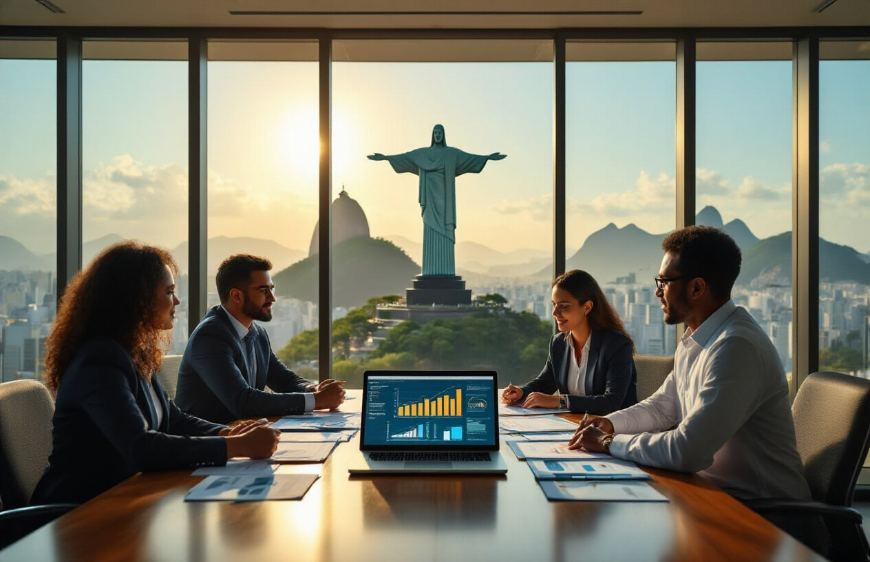 Create a realistic image of a modern Brazilian business meeting room with a large conference table where diverse Brazilian business professionals including white and black males and females are collaborating around strategic documents, charts, and a laptop displaying growth analytics, with the iconic Cristo Redentor statue visible through floor-to-ceiling windows in the background, warm natural lighting illuminating the scene, and Brazilian flag colors subtly incorporated in the office decor, conveying innovation and strategic planning atmosphere, absolutely NO text should be in the scene.