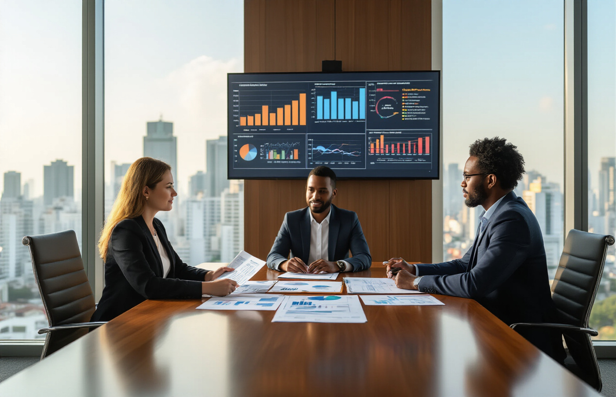 Create a realistic image of a modern Brazilian office conference room with a diverse group of three business professionals - one white female, one black male, and one mixed-race female - sitting around a polished wooden table reviewing financial documents, charts, and risk assessment papers, with a large wall-mounted monitor displaying colorful graphs and risk matrices, floor-to-ceiling windows showing São Paulo's skyline in the background, warm professional lighting, and the scene conveying focused strategic planning atmosphere. Absolutely NO text should be in the scene.