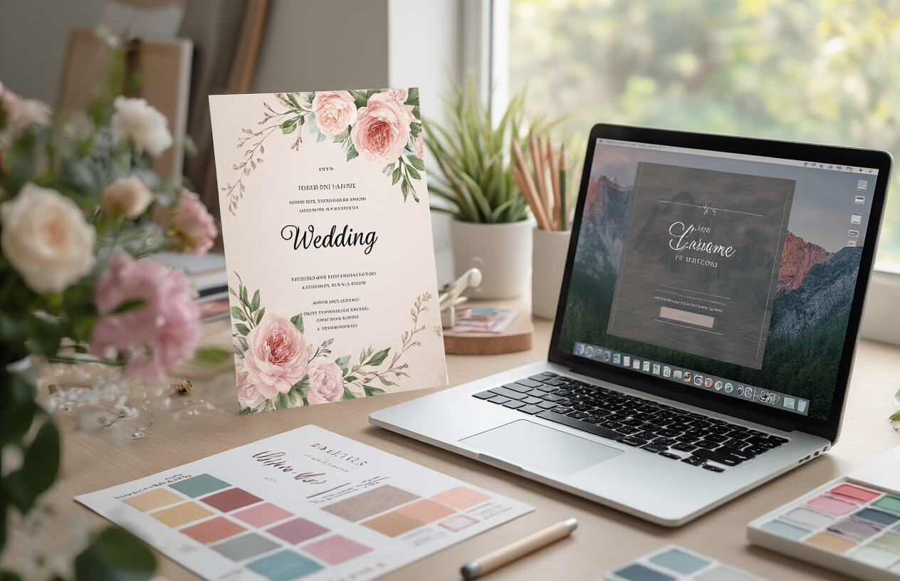 Create a realistic image of elegant wedding invitation templates displayed on a modern desk with a laptop computer showing design software, featuring various floral and romantic design elements, soft pastel color schemes, delicate typography layouts, surrounded by design tools like a stylus and color swatches, in a bright home office setting with natural lighting from a window, conveying a professional creative workspace atmosphere. Absolutely NO text should be in the scene.