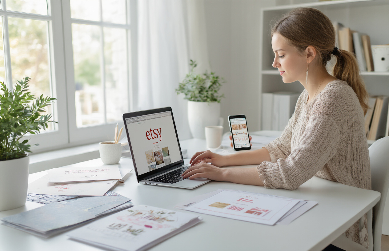 Create a realistic image of a young white female entrepreneur sitting at a clean, modern desk working on her laptop computer with the Etsy website visible on the screen, surrounded by organized wedding invitation template designs spread across the desk, a smartphone displaying social media analytics, a small potted plant, and a coffee cup, all set in a bright, well-lit home office with white walls and natural lighting streaming through a window, conveying a productive and professional atmosphere. Absolutely NO text should be in the scene.