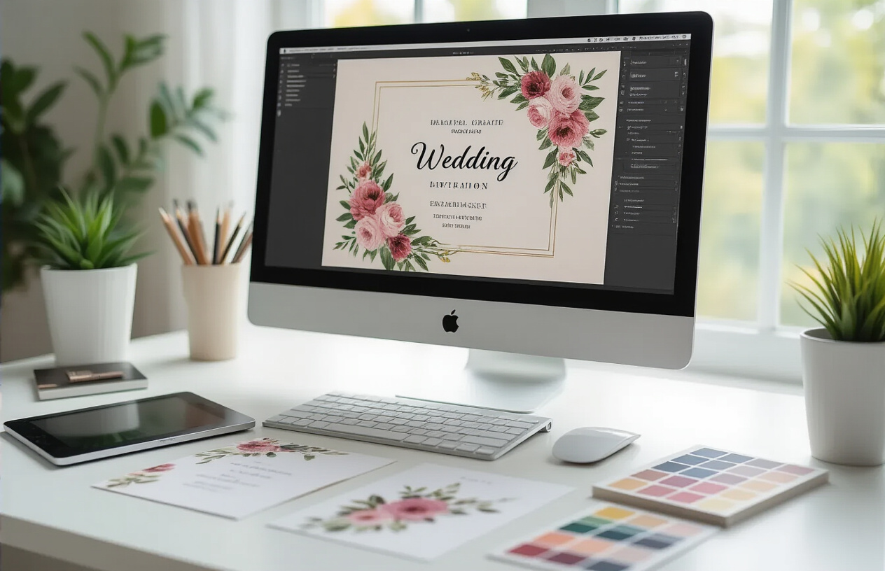 Create a realistic image of an elegant workspace featuring a computer screen displaying a sleek wedding invitation design with floral elements, surrounded by design tools like a graphics tablet, color swatches, and printed invitation samples on a clean white desk, with soft natural lighting from a nearby window creating a professional and creative atmosphere, focusing on the digital design process and template creation workflow. Absolutely NO text should be in the scene.