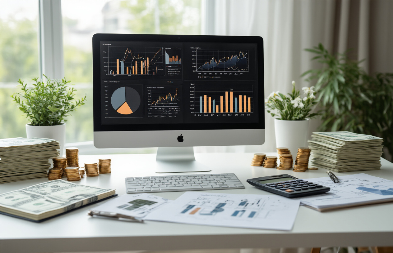 Create a realistic image of a modern home office setup with a computer displaying analytics charts and graphs showing upward growth trends, multiple wedding invitation template designs scattered on a clean white desk, stacks of money and coins nearby, a calculator, and notebooks with business planning sketches, all arranged in an organized workspace with natural lighting from a window, conveying success and business scaling, absolutely NO text should be in the scene.
