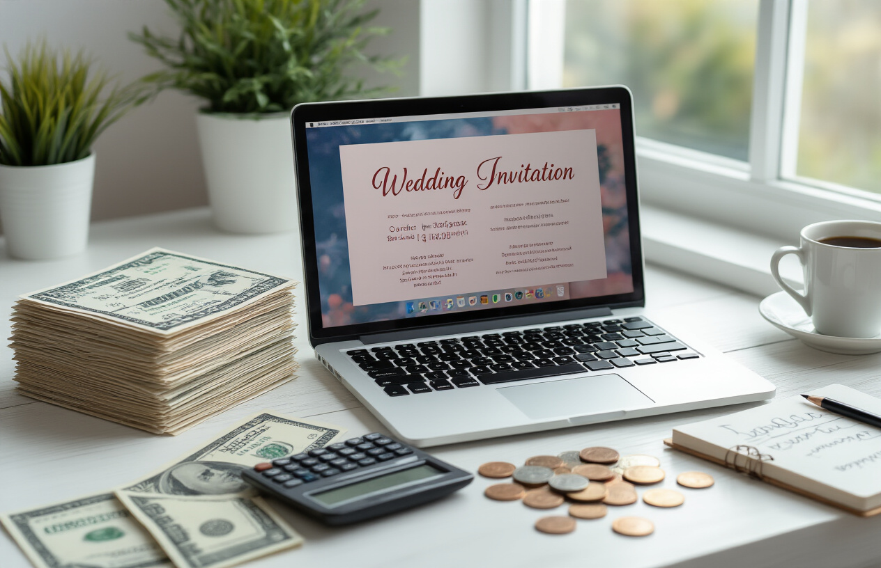 Create a realistic image of a clean, modern home office desk setup with an open laptop displaying colorful wedding invitation templates on the screen, stacks of printed wedding invitations fanned out beside the laptop, a small calculator showing profit numbers, scattered dollar bills and coins, a coffee cup, and a notebook with sketched design ideas, all arranged on a white wooden desk near a bright window with soft natural lighting creating a successful, productive atmosphere, absolutely NO text should be in the scene.