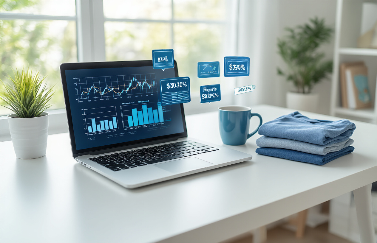 Create a realistic image of a modern laptop computer displaying profit margin charts and graphs with digital SVG file icons floating above the screen, next to a small pile of physical products like t-shirts and mugs with price tags showing lower profit numbers, set on a clean white desk in a bright home office environment with natural lighting from a window, showing the clear contrast between digital and physical product profitability, absolutely NO text should be in the scene.
