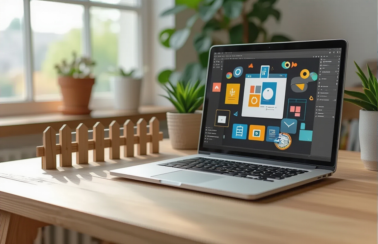 Create a realistic image of a clean, modern home office setup with a laptop computer displaying digital design software on the screen, showing colorful SVG file icons and design elements floating above the keyboard, a simple wooden desk with minimal barriers like a low fence or small hurdle positioned nearby to symbolize easy entry, warm natural lighting from a window, and a calm, encouraging atmosphere that suggests accessibility and simplicity in starting a digital business, absolutely NO text should be in the scene.