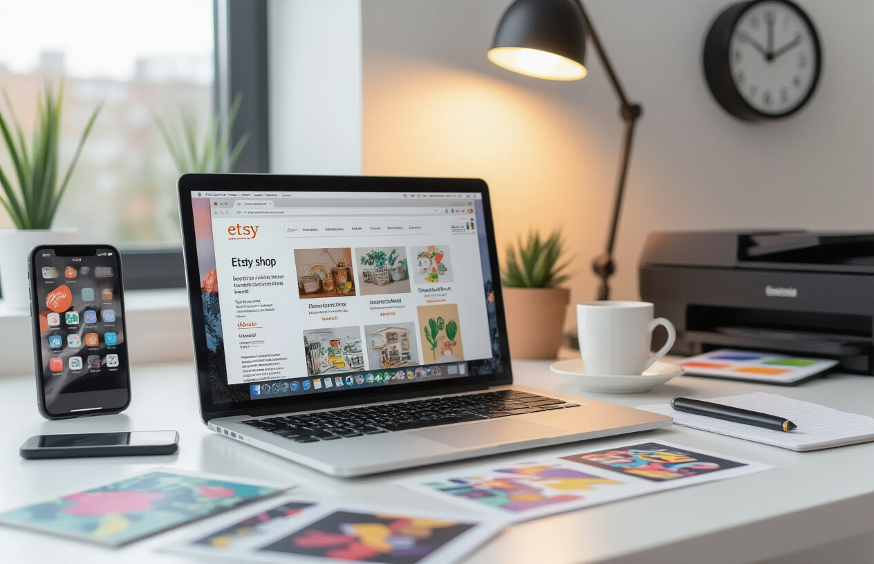 Create a realistic image of a modern laptop computer on a clean white desk displaying multiple browser tabs with Etsy shop interfaces, surrounded by printed SVG design samples scattered around the workspace, a smartphone showing notification alerts, a wall clock in the background showing fast-moving time with motion blur on the hands, warm office lighting creating a productive atmosphere, complementary elements include a coffee cup, notepad with sketched ideas, and a printer nearby outputting colorful designs, conveying rapid business development and digital efficiency, absolutely NO text should be in the scene.