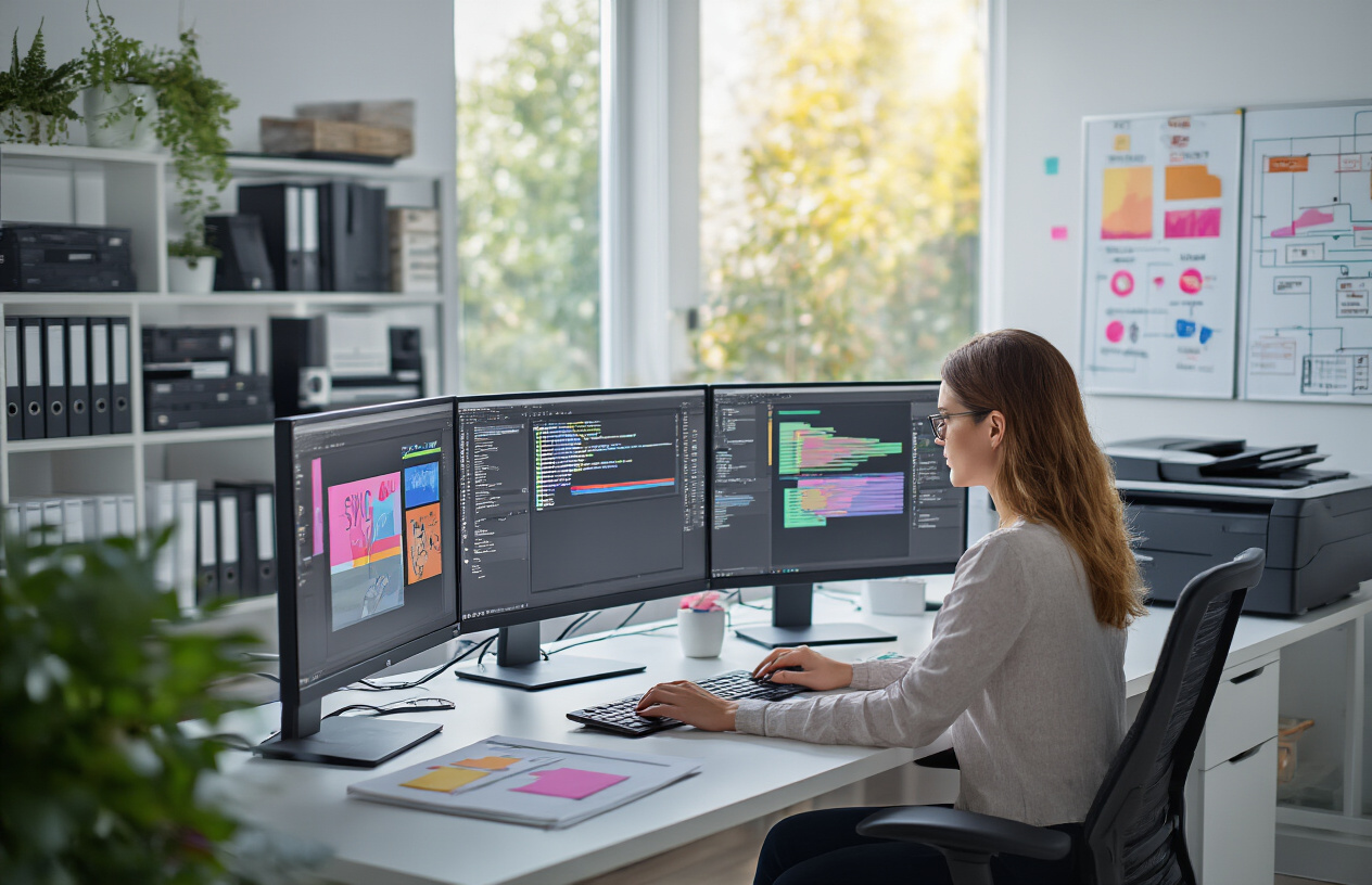 Create a realistic image of a modern home office workspace with multiple computer monitors displaying colorful SVG design files and automated workflow dashboards, featuring a white female entrepreneur working at a sleek desk with digital design software open, surrounded by organized filing systems, automated printing equipment in the background, flowcharts and process diagrams on a whiteboard, warm natural lighting from a window, conveying productivity and systematic business growth, with a clean minimalist aesthetic that emphasizes digital efficiency and scalable operations, absolutely NO text should be in the scene.