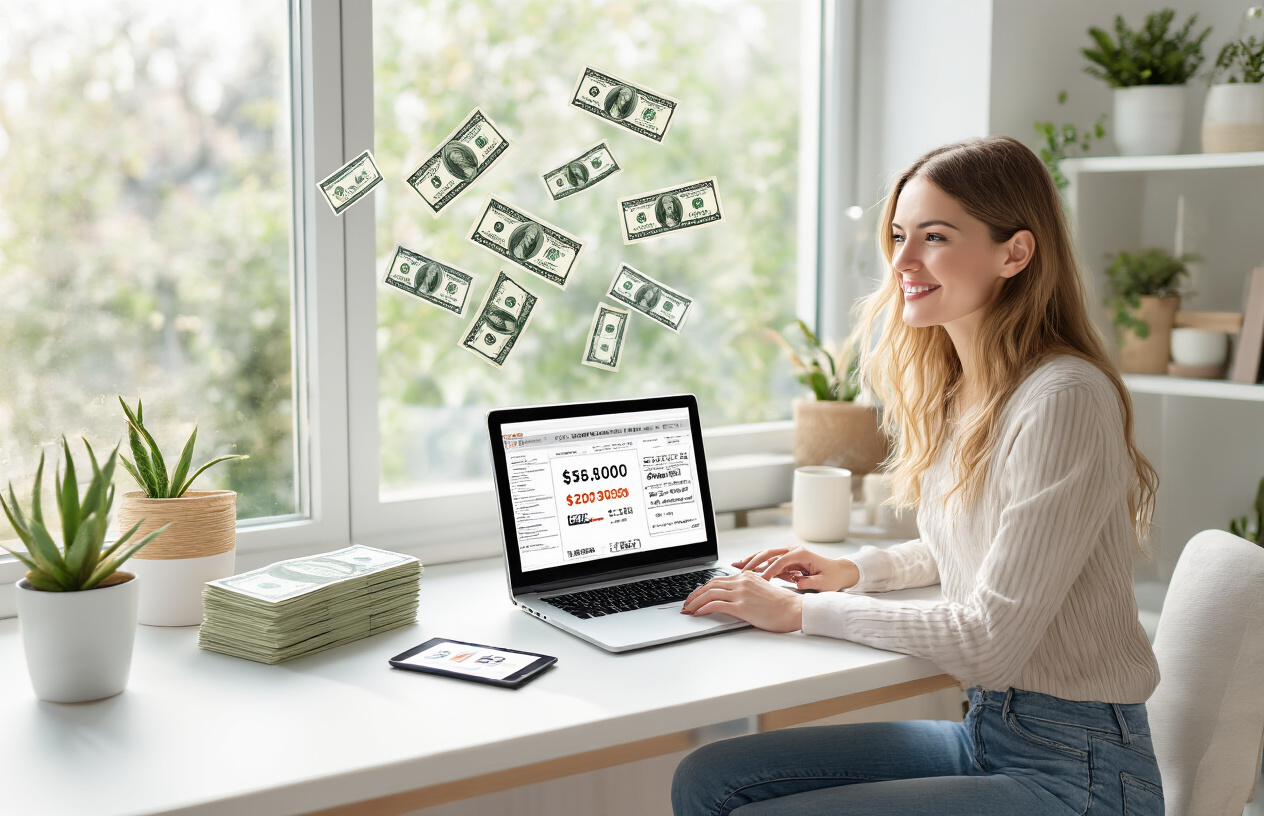 Create a realistic image of a successful home-based business setup with a white female entrepreneur sitting at a modern desk with laptop displaying digital design files, stack of one dollar bills next to a tablet showing Etsy store dashboard with six-figure revenue numbers, scattered SVG file icons floating above the workspace, bright natural lighting from window, clean minimalist office background with plants and motivational elements, conveying achievement and digital success, warm and inspiring atmosphere, Absolutely NO text should be in the scene.