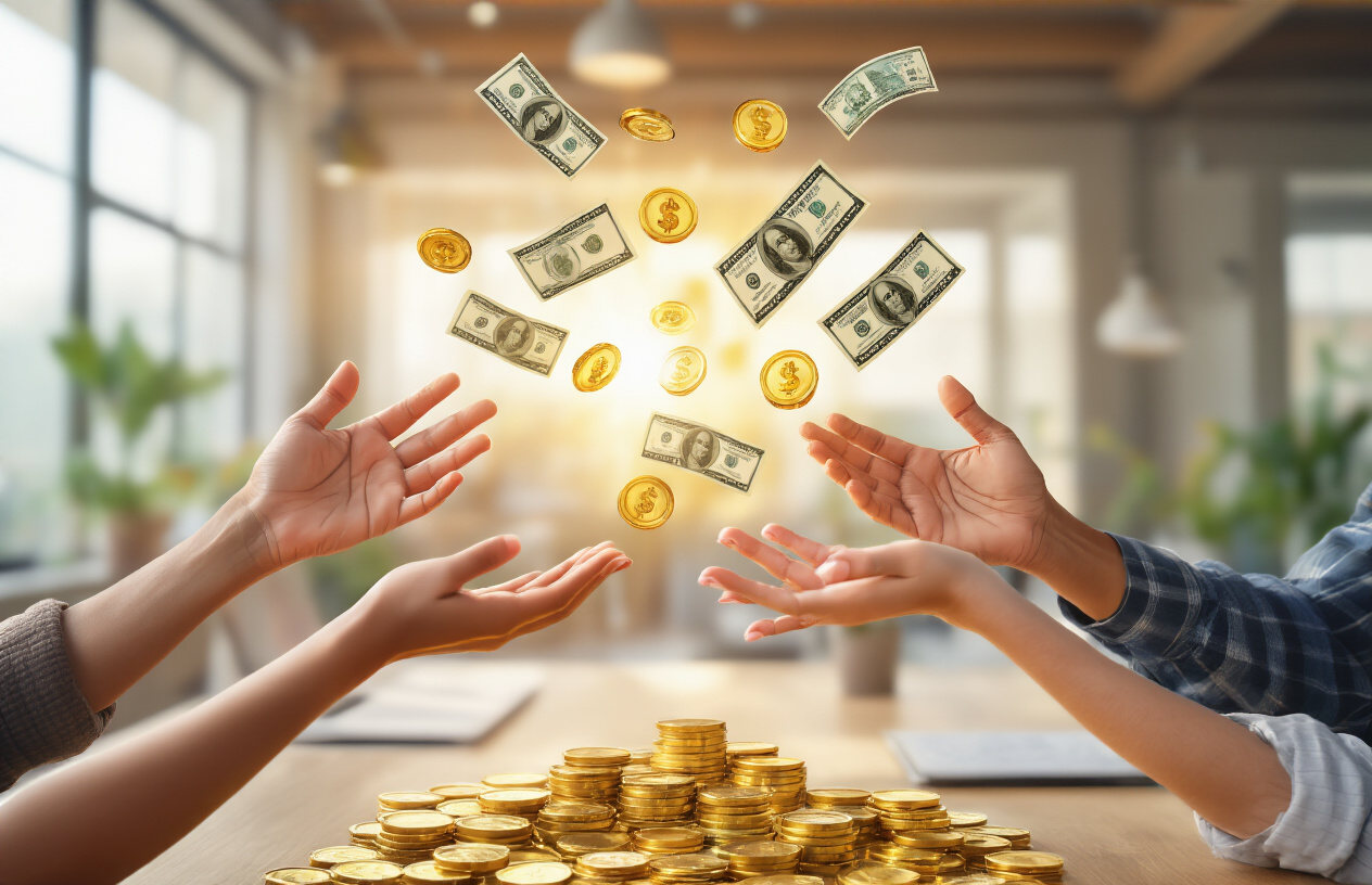 Create a realistic image of diverse hands from different backgrounds reaching toward floating golden coins and dollar bills in mid-air, with a bright modern office or home workspace in the soft-focus background, warm natural lighting streaming through windows creating an optimistic and prosperous atmosphere, showing multiple income streams converging toward the center, absolutely NO text should be in the scene.