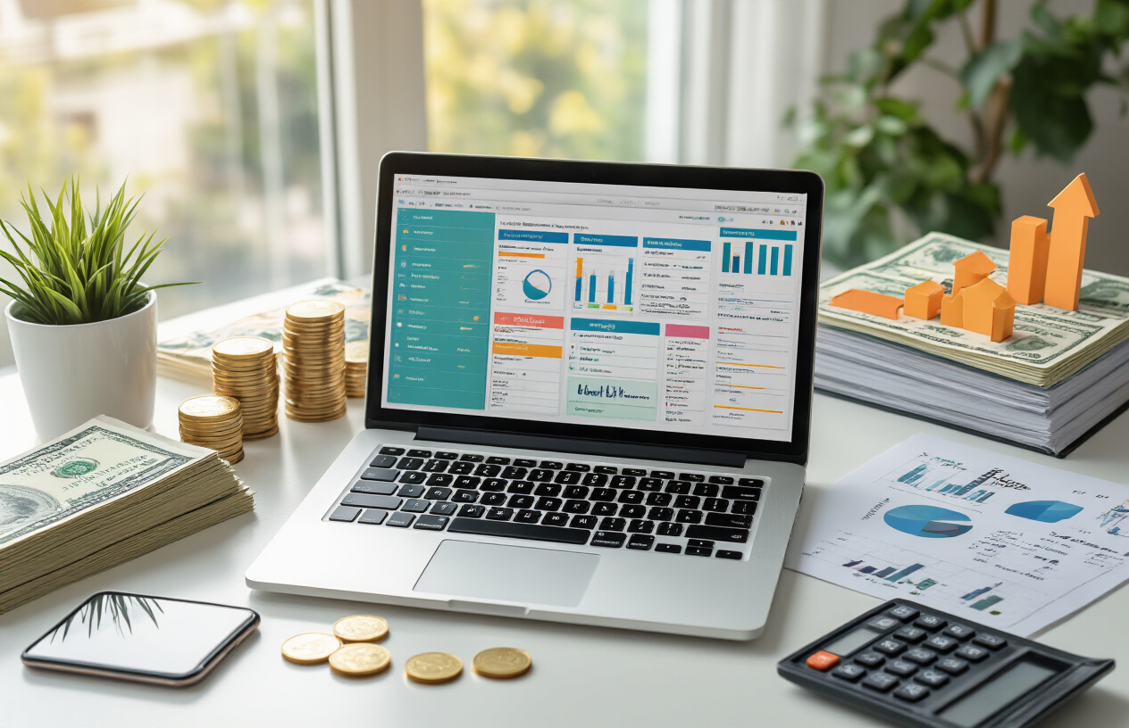 Create a realistic image of a modern workspace showing multiple income streams with a laptop displaying colorful digital planner templates on screen, surrounded by printed planners, a smartphone showing an online store, stacks of cash and coins, charts with upward trending arrows, and a calculator, all arranged on a clean white desk with warm natural lighting from a window, creating a professional and successful atmosphere, absolutely NO text should be in the scene.