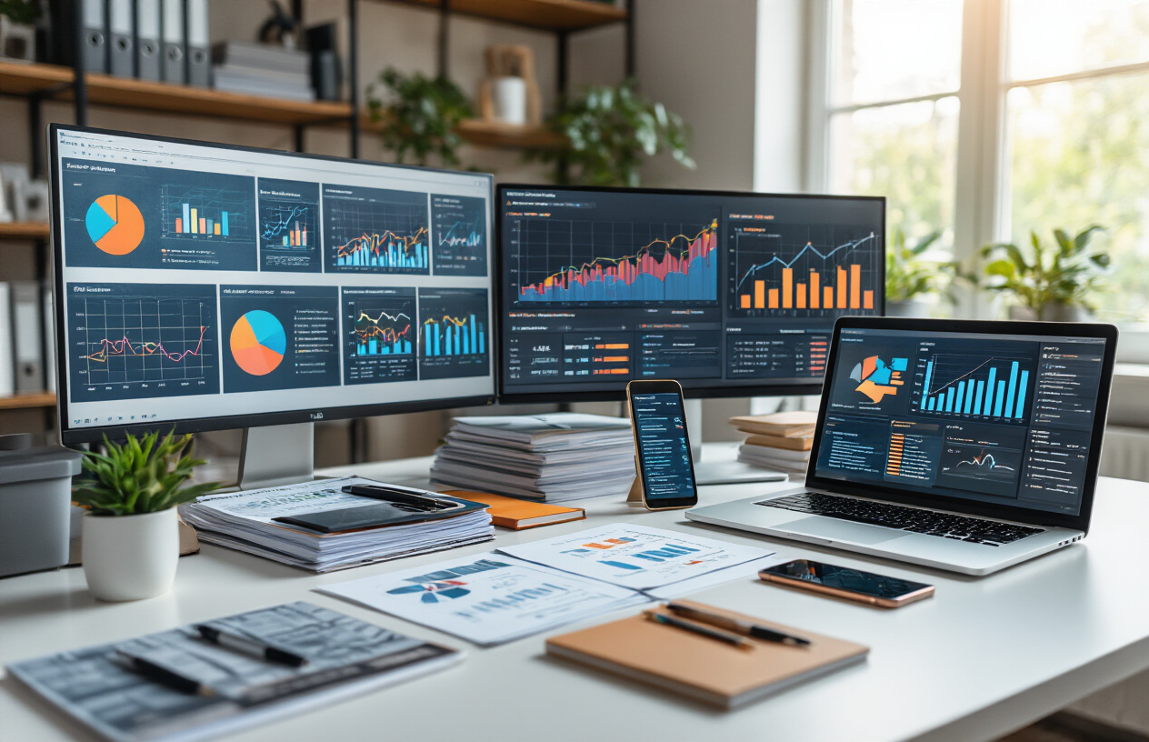 Create a realistic image of a professional workspace showing business growth and scaling concepts with a modern laptop displaying colorful digital templates on screen, multiple monitors showing analytics dashboards with upward trending graphs and charts, stacks of organized business documents and planners on a clean white desk, a smartphone displaying financial success notifications, scattered design sketches and template mockups, professional office supplies like pens and notebooks, warm natural lighting from a window, clean modern office environment with motivational atmosphere suggesting entrepreneurial success and business expansion, absolutely NO text should be in the scene.