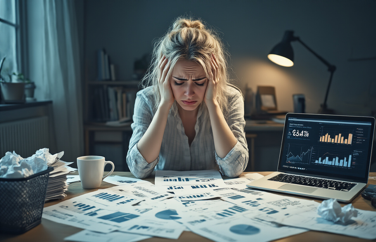 Create a realistic image of a frustrated white female designer sitting at a cluttered desk with her head in her hands, surrounded by scattered papers showing low sales charts and rejected template designs, a laptop displaying declining revenue graphs, with dim overhead lighting creating a somber mood in a small home office, stack of unpaid bills visible on the desk corner, empty coffee cup and crumpled papers in wastebasket nearby, absolutely NO text should be in the scene.