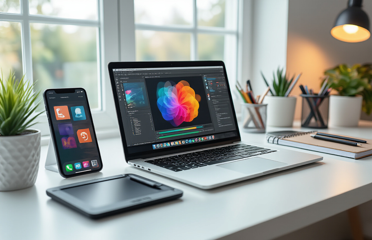 Create a realistic image of a modern workspace featuring a sleek laptop computer displaying colorful design software interface, surrounded by essential digital tools including a graphics tablet with stylus, smartphone showing social media apps, and organized desk accessories like notebooks and pens, all arranged on a clean white desk with soft natural lighting from a nearby window, creating a professional and productive atmosphere for digital template creation and online selling, with warm ambient lighting highlighting the technology setup. Absolutely NO text should be in the scene.