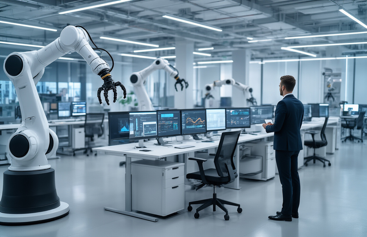Create a realistic image of a modern office environment showcasing smart automation technology with robotic arms and automated machinery working alongside computer workstations, featuring sleek industrial robots performing tasks, multiple computer screens displaying data dashboards and analytics graphs, a white male business professional in a suit observing the automated processes, conveying efficiency and technological advancement, set in a clean contemporary workspace with glass panels and LED lighting, creating a professional and futuristic atmosphere that represents business transformation through automation, absolutely NO text should be in the scene.