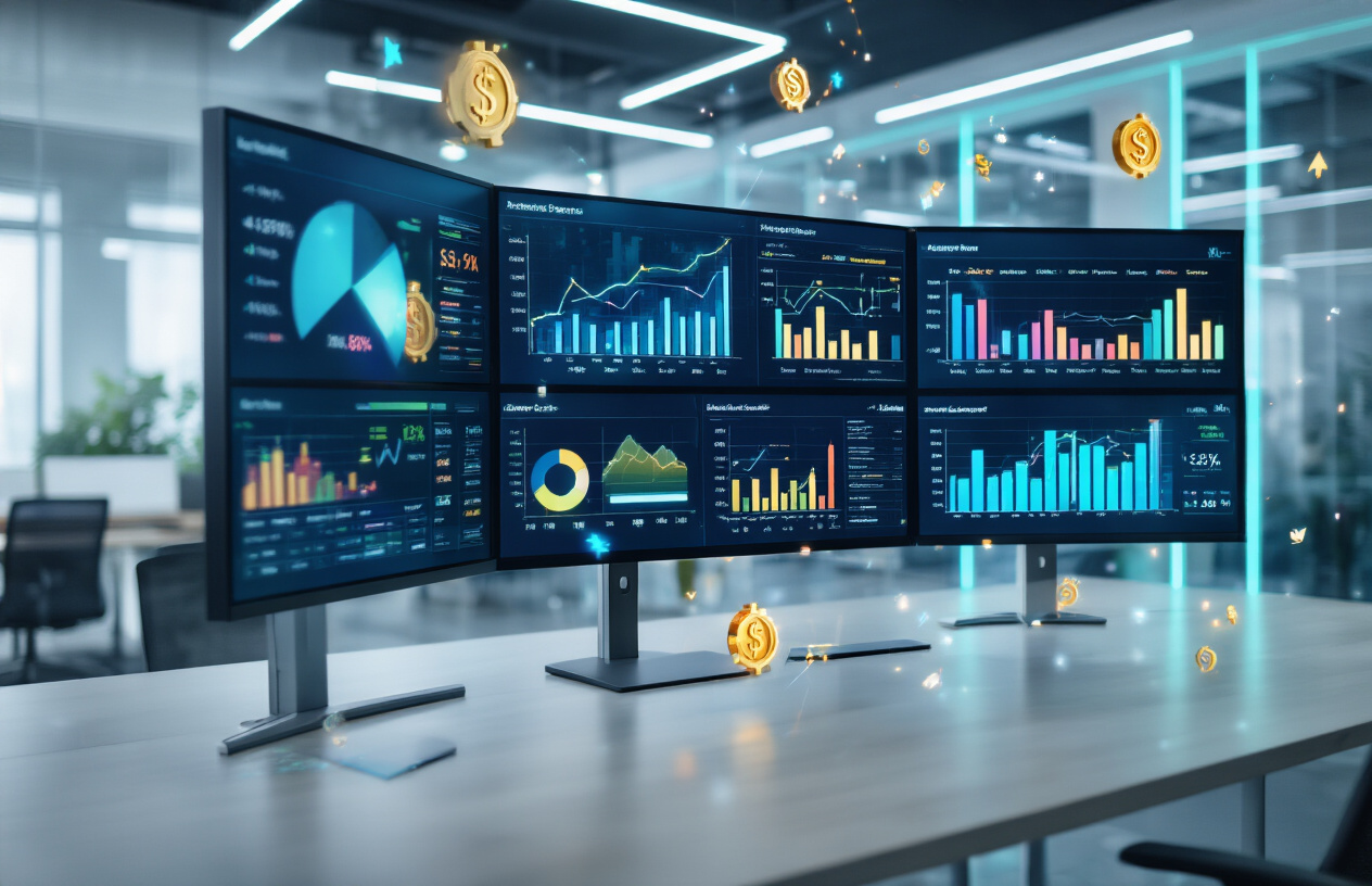 Create a realistic image of a modern business analytics dashboard displayed on multiple large monitors showing colorful data visualizations, charts, and graphs with upward trending revenue arrows, a sleek office environment with glass walls and contemporary furniture, soft blue and green LED lighting creating a high-tech atmosphere, floating holographic data points and profit symbols around the screens, clean minimalist background with subtle geometric patterns, professional and innovative mood suggesting discovery and growth opportunities, absolutely NO text should be in the scene.