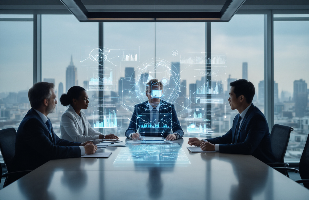 Create a realistic image of a modern corporate boardroom with a diverse group of business professionals including a white male CEO, black female executive, and Asian male manager gathered around a sleek conference table examining holographic displays of AI analytics dashboards, neural network visualizations, and futuristic data streams floating above the table, with large windows showing a city skyline in the background, professional lighting creating a forward-thinking atmosphere that conveys strategic planning and technological advancement, absolutely NO text should be in the scene.