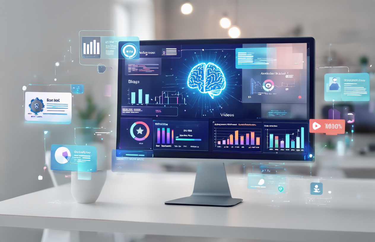 Create a realistic image of a modern digital workspace showing AI-powered content creation in action, featuring a sleek computer monitor displaying analytics dashboards with colorful graphs and performance metrics, surrounded by floating holographic icons representing different content types like blog posts, videos, and social media posts, with a futuristic AI brain symbol glowing softly in the background, set in a clean contemporary office environment with soft ambient lighting, conveying innovation and technological advancement in marketing, absolutely NO text should be in the scene.