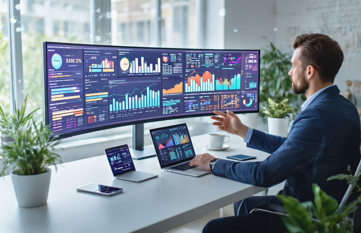 Create a realistic image of a modern digital marketing workspace featuring a large curved monitor displaying colorful data analytics dashboards with ROI charts, conversion graphs, and campaign performance metrics, a white male professional in business attire analyzing the data while seated at a sleek desk with a laptop, smartphone, and tablet showing various marketing campaign interfaces, surrounded by a bright contemporary office environment with large windows providing natural lighting, potted plants adding a fresh atmosphere, and subtle AI/technology elements like floating holographic data points or circuit patterns integrated into the background design, conveying an intelligent and data-driven marketing optimization scene, absolutely NO text should be in the scene.