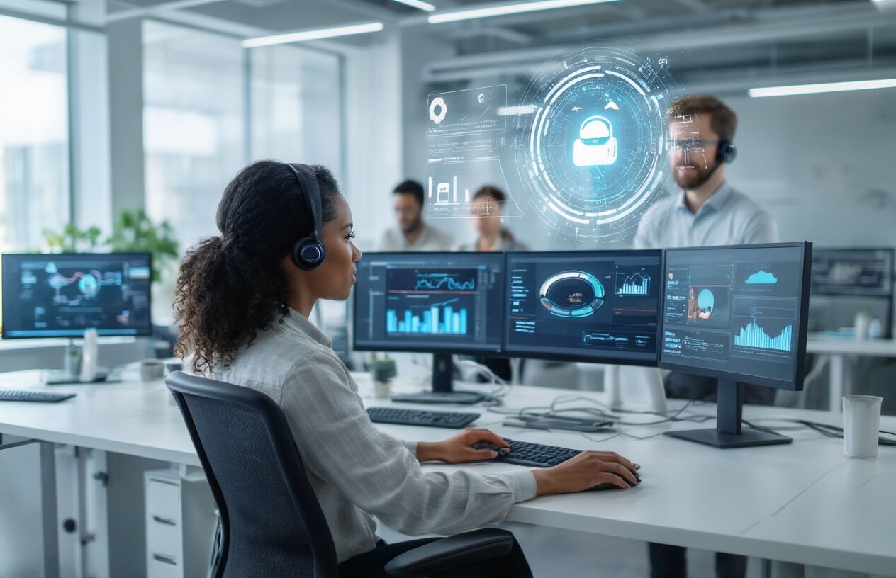 Create a realistic image of a modern customer service environment where AI-powered tools are enhancing customer experiences, featuring a diverse team including a black female customer service representative and a white male colleague working at sleek workstations with multiple monitors displaying data analytics dashboards, chatbot interfaces, and customer interaction metrics, with holographic AI assistant projections floating above their desks, surrounded by a bright, contemporary office space with glass panels and soft LED lighting, conveying innovation and efficiency in digital customer support, absolutely NO text should be in the scene.