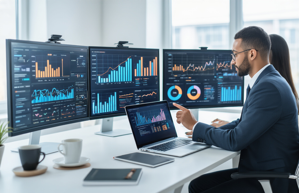 Create a realistic image of a modern office setting with sleek laptops and multiple monitors displaying colorful data analytics dashboards, charts, and graphs with upward trending lines, a white male professional in business attire analyzing the data on one screen while a black female colleague points to insights on another monitor, sophisticated digital interfaces showing AI-powered marketing metrics, clean white desk with notebooks and coffee cups, bright natural lighting from large windows, professional corporate atmosphere conveying strategic advantage and technological innovation, absolutely NO text should be in the scene.