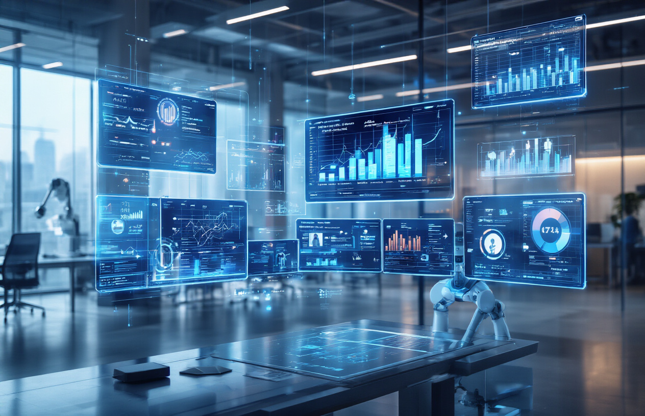 Create a realistic image of a futuristic digital workspace showing AI-powered marketing analytics on AI in digital marketing multiple glowing holographic screens floating in mid-air, with data visualizations, charts, and customer journey maps, a sleek modern office environment with glass surfaces and ambient blue lighting, robotic arms or AI interface elements seamlessly integrated with traditional marketing tools, representing the convergence of artificial intelligence and digital marketing strategies, AI in digital marketing professional atmosphere with soft technological glow, AI in digital marketing absolutely NO text should be in the scene.