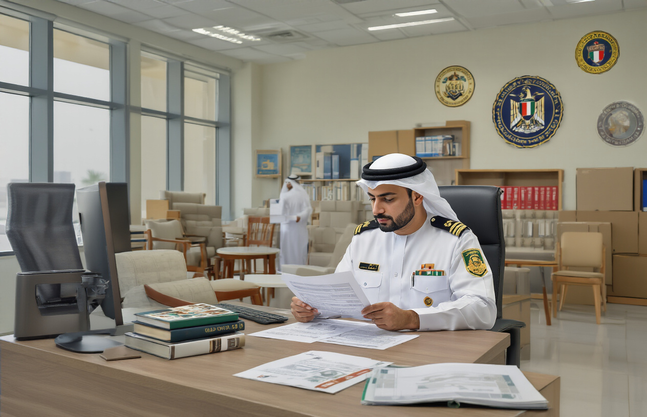 Create a realistic image of UAE customs officials reviewing furniture import documentation at a modern government office, featuring a white male customs officer in uniform examining shipping papers while sitting at a desk with a computer, surrounded by regulatory books and official UAE government seals on the wall, with imported furniture samples including chairs and tables visible in the background, professional office lighting, clean and organized government workspace atmosphere, Absolutely NO text should be in the scene.