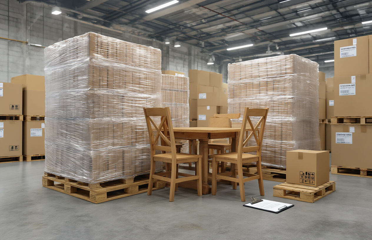 Create a realistic image of wooden furniture pieces including chairs, tables, and cabinets carefully wrapped in protective plastic and bubble wrap, stacked on wooden pallets inside a bright warehouse with concrete floors, alongside cardboard boxes labeled for international shipping, with UAE customs documentation and shipping forms visible on a clipboard nearby, under fluorescent lighting that creates a professional logistics environment. Absolutely NO text should be in the scene.