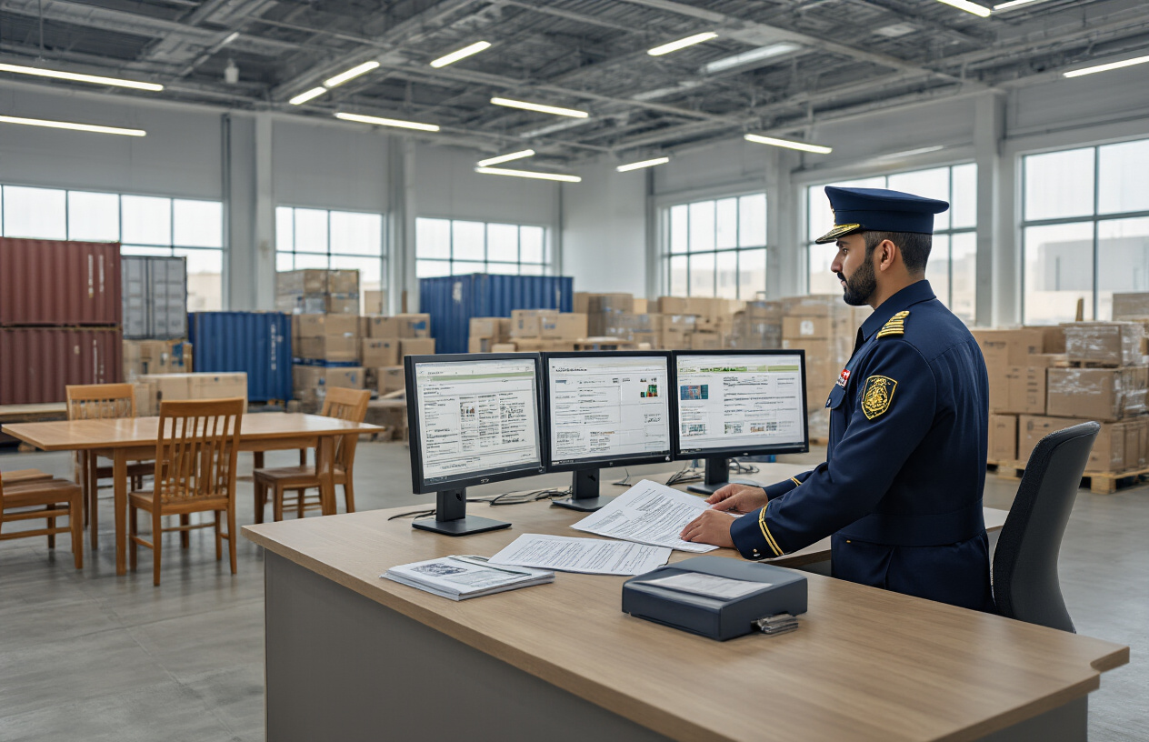 Create a realistic image of a modern UAE customs office interior showing the furniture import clearance process, featuring a Middle Eastern male customs officer in uniform examining shipping documents at a desk with computer screens displaying customs forms, wooden furniture pieces like chairs and tables visible in the background warehouse area, official UAE customs stamps and folders on the desk, bright fluorescent lighting creating a professional government office atmosphere, with shipping containers and imported furniture visible through large windows, absolutely NO text should be in the scene.