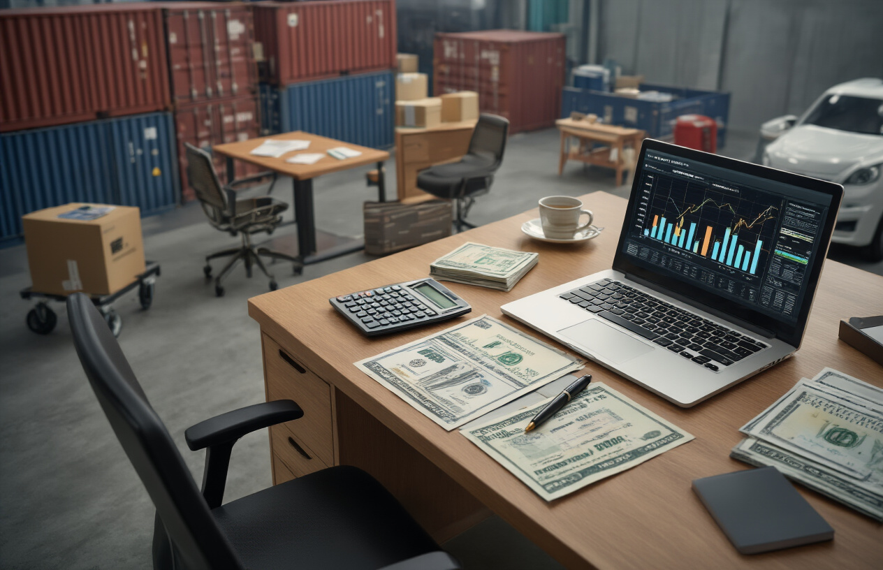 Create a realistic image of a modern office desk with financial documents, calculator, and laptop displaying cost analysis charts, with miniature furniture items like chairs and tables scattered around the workspace, a UAE dirham currency note visible, shipping containers and import/export documentation in the background, professional business atmosphere with clean lighting, absolutely NO text should be in the scene.
