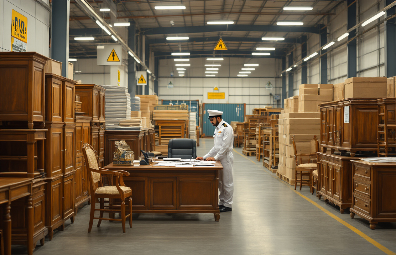 Create a realistic image of a Middle Eastern customs warehouse with stacks of wooden furniture items including chairs, tables, and cabinets waiting for clearance, a white male customs officer in uniform inspecting documents at a desk with official stamps and paperwork, warning signs about delays and penalties visible on the walls, warm fluorescent lighting illuminating the organized warehouse space with shipping containers in the background, conveying an atmosphere of careful inspection and compliance procedures, absolutely NO text should be in the scene.