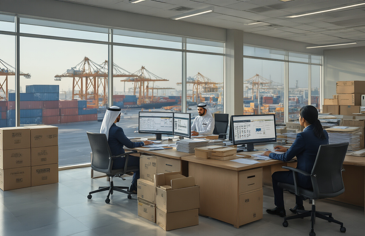 Create a realistic image of a modern UAE customs office with Middle Eastern male and female customs officers in uniform working alongside white male and female professional clearance service representatives in business attire, reviewing furniture import documents and customs paperwork on a desk, with computer screens displaying customs clearance systems, stacks of shipping documents, and a view of a busy port with furniture containers in the background through office windows, professional lighting with warm tones creating a collaborative business atmosphere, absolutely NO text should be in the scene.
