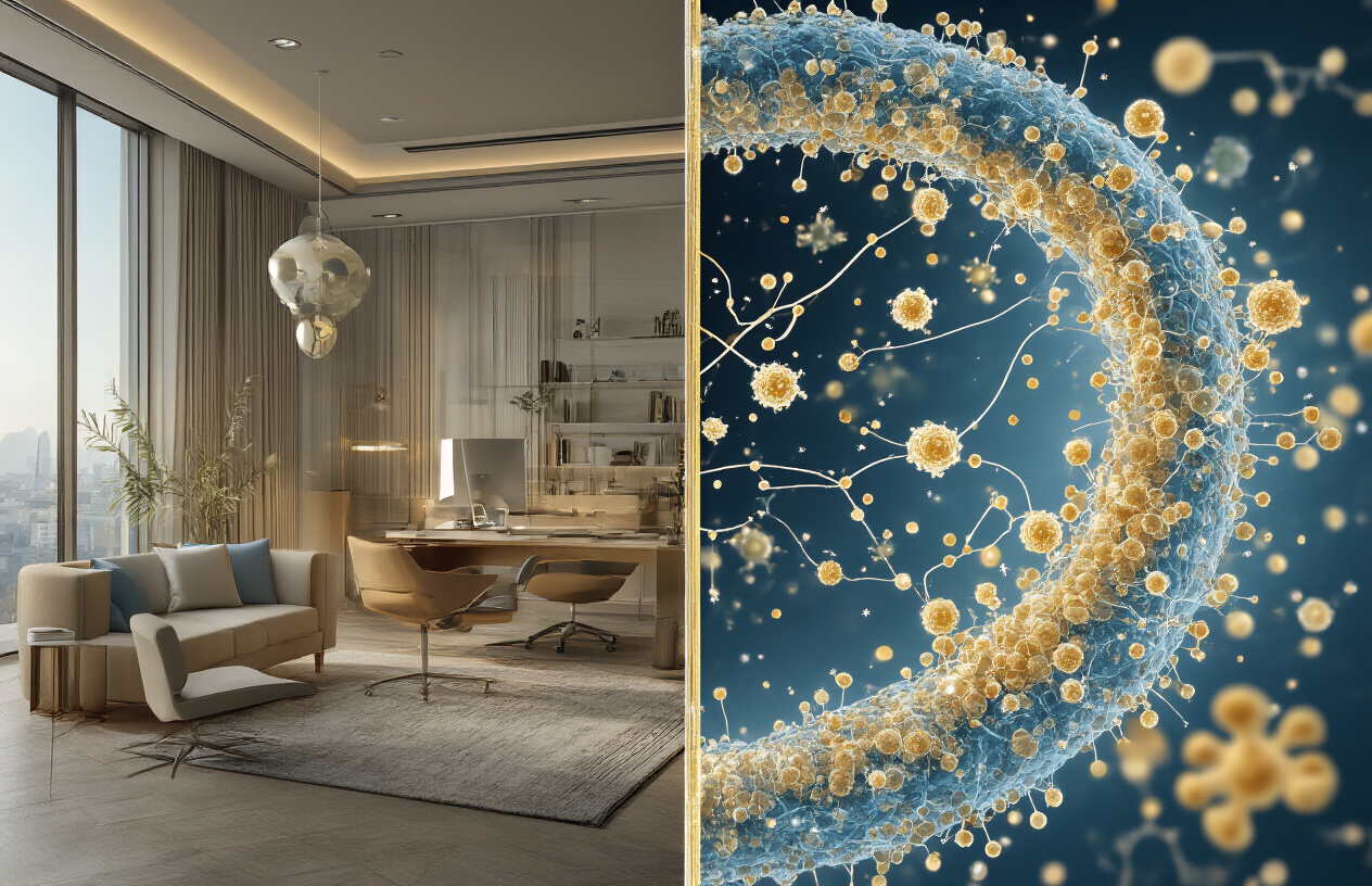 Create a realistic image of a split-screen scientific visualization showing the biological connection between wealth and stress, featuring on the left side a luxurious modern office environment with expensive furnishings and on the right side a microscopic view of stress hormone molecules like cortisol floating in bloodstream, connected by flowing abstract lines representing the biological pathway, with subtle golden and blue color tones, professional medical illustration style lighting, clean and clinical aesthetic. Absolutely NO text should be in the scene.